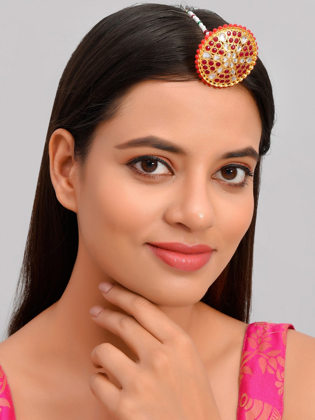 

Silvermerc Designs Gold-Plated & Red Circular Kundan Borla Maang Tikka