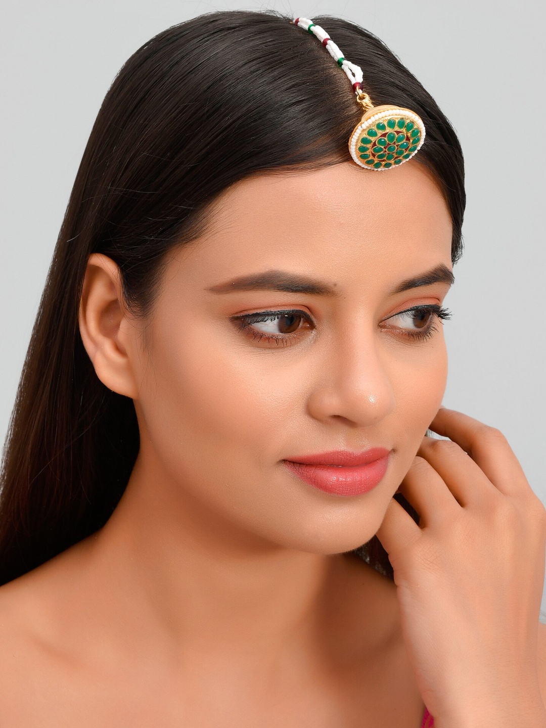 

Silvermerc Designs Green & White Gold-Plated Stone & Pearl Rajputi Borla Maang Tikka