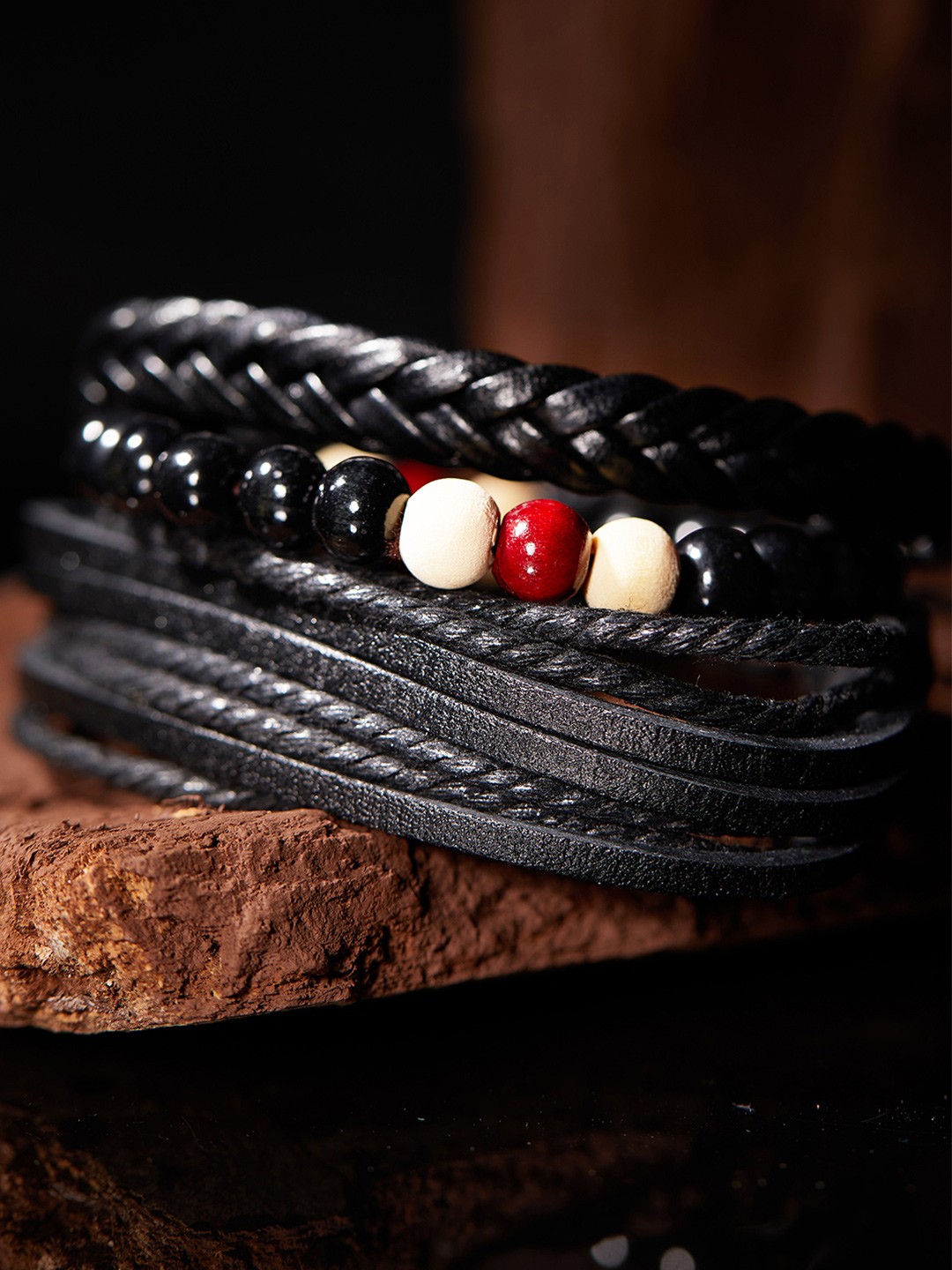 

The Roadster Lifestyle Co Men Set of 3 Black & Red Handcrafted Bracelets