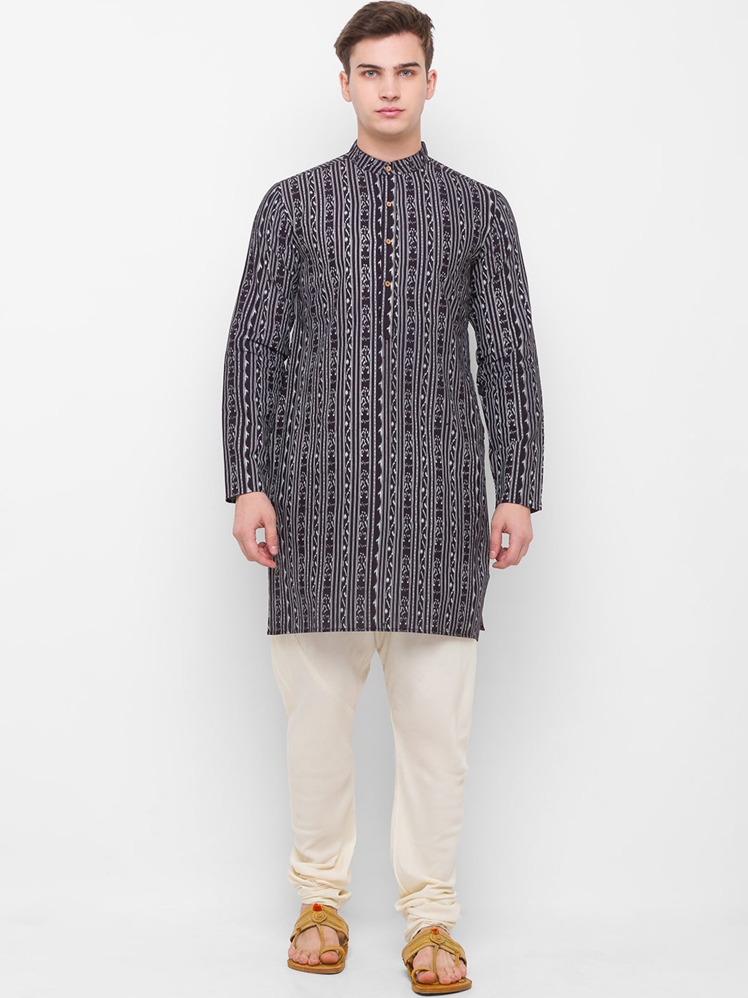 

Globus Men Deep Purple & White Abstract Printed & Striped Band Collar Cotton Kurta