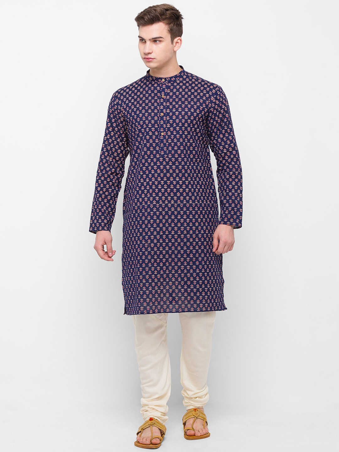 

Globus Men Navy Blue & Red Ethnic Motifs Printed Band Collar Cotton Knitted Straight Kurta