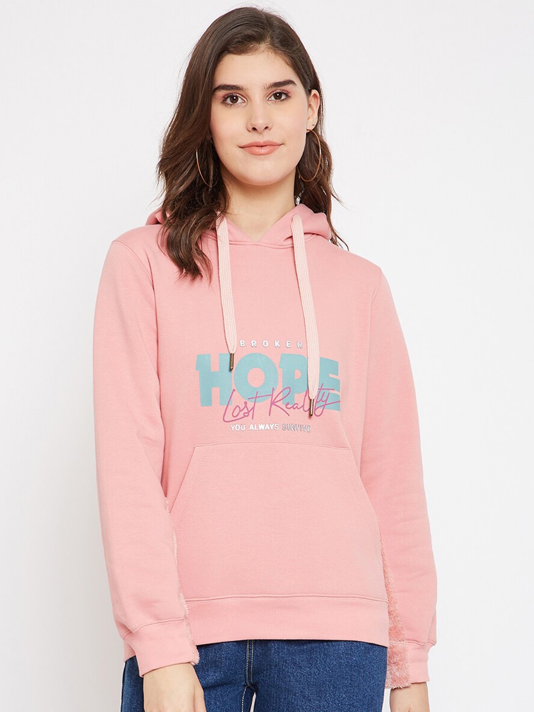 

Madame Women Pink Printed Hooded Sweatshirt