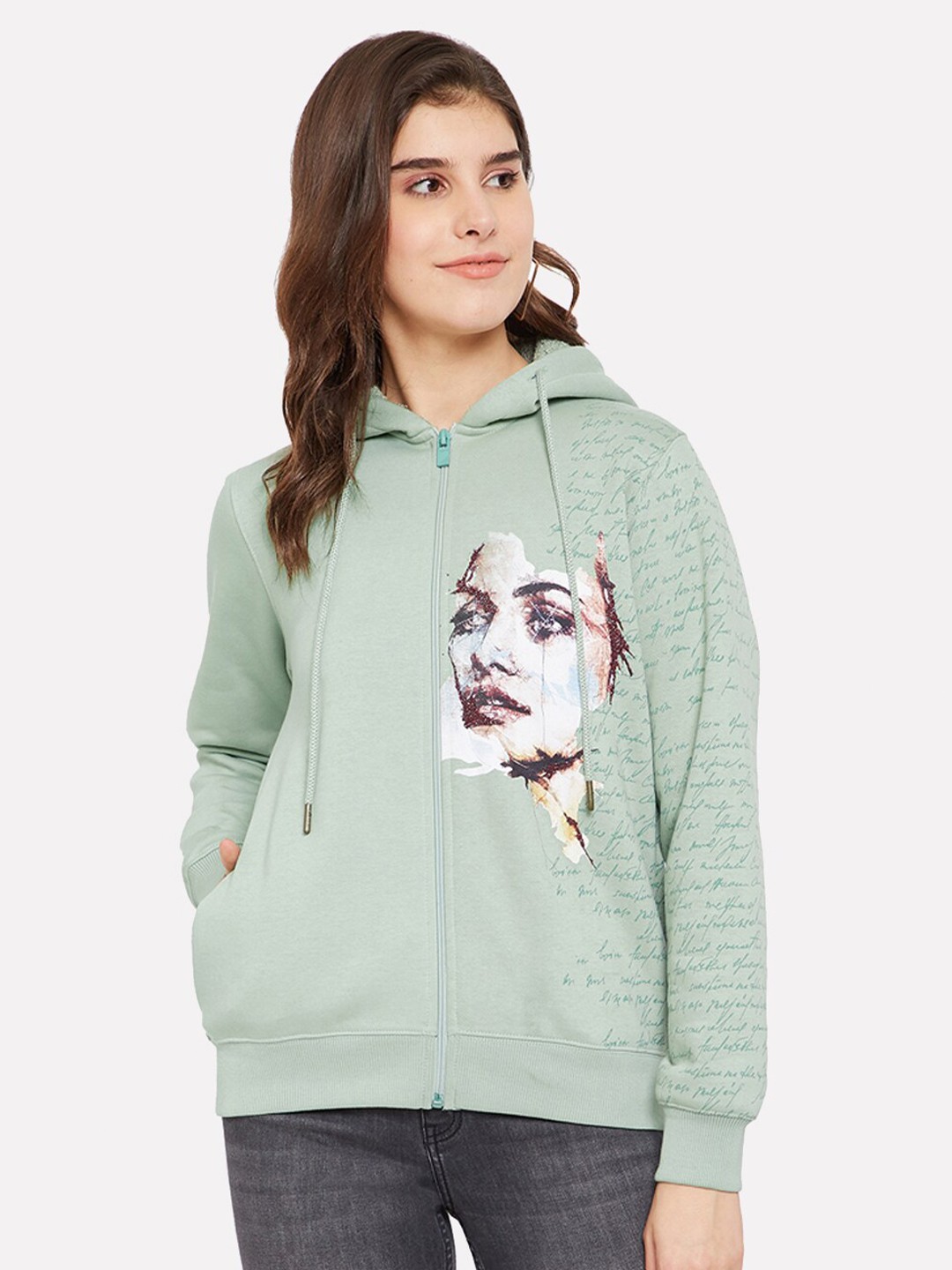 

Madame Women Sea Green Printed Hooded Sweatshirt
