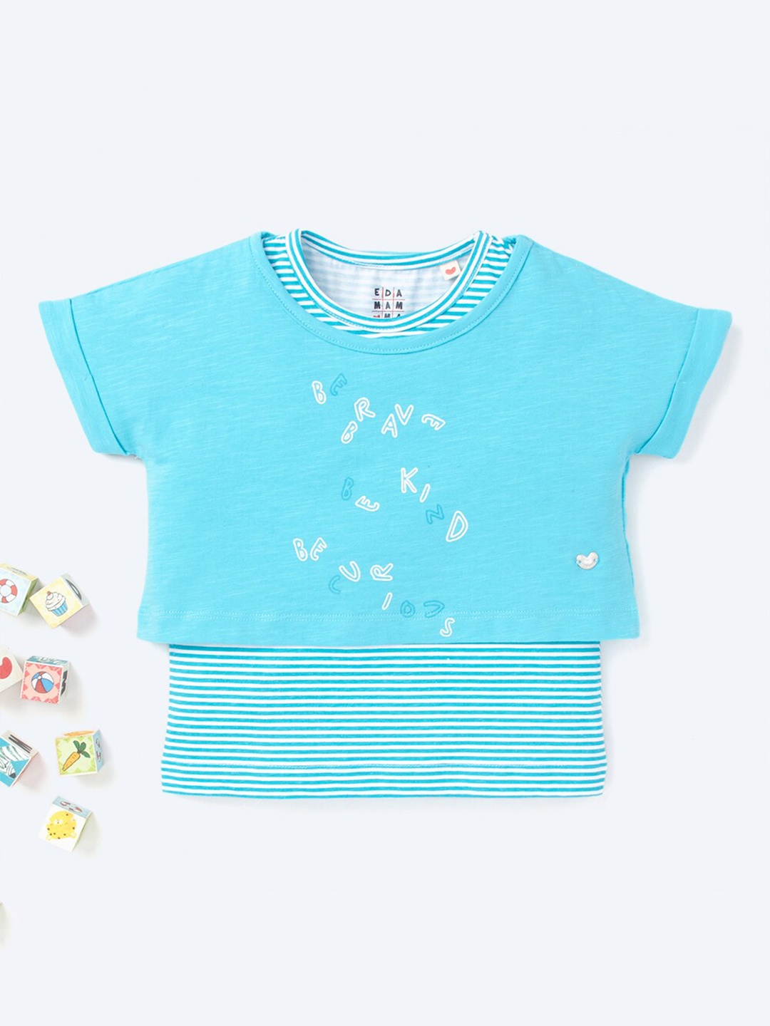 Ed-a-Mamma Girls Blue Typography 2 Printed Extended Sleeves T-shirt