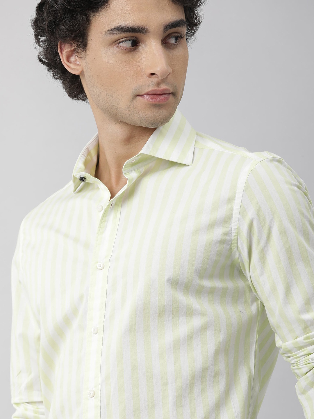 

RARE RABBIT Men Dyott Striped Slim Fit Cotton Shirt, Lime green