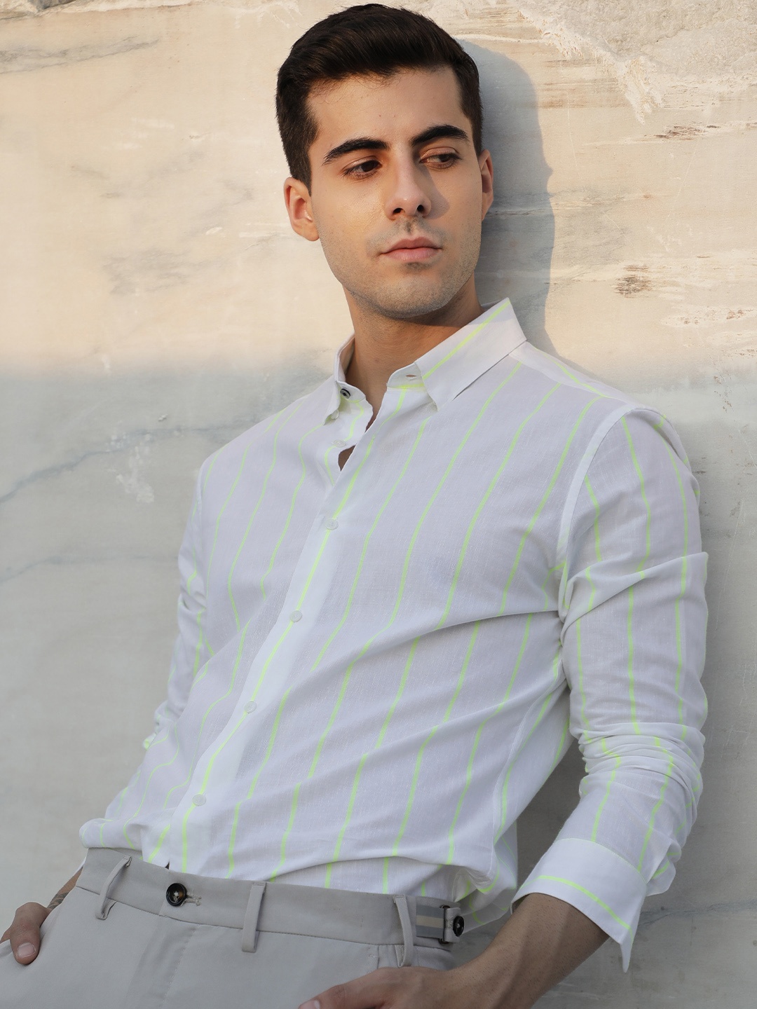 

RARE RABBIT Men White & Green Slim Fit Striped Cotton Casual Shirt