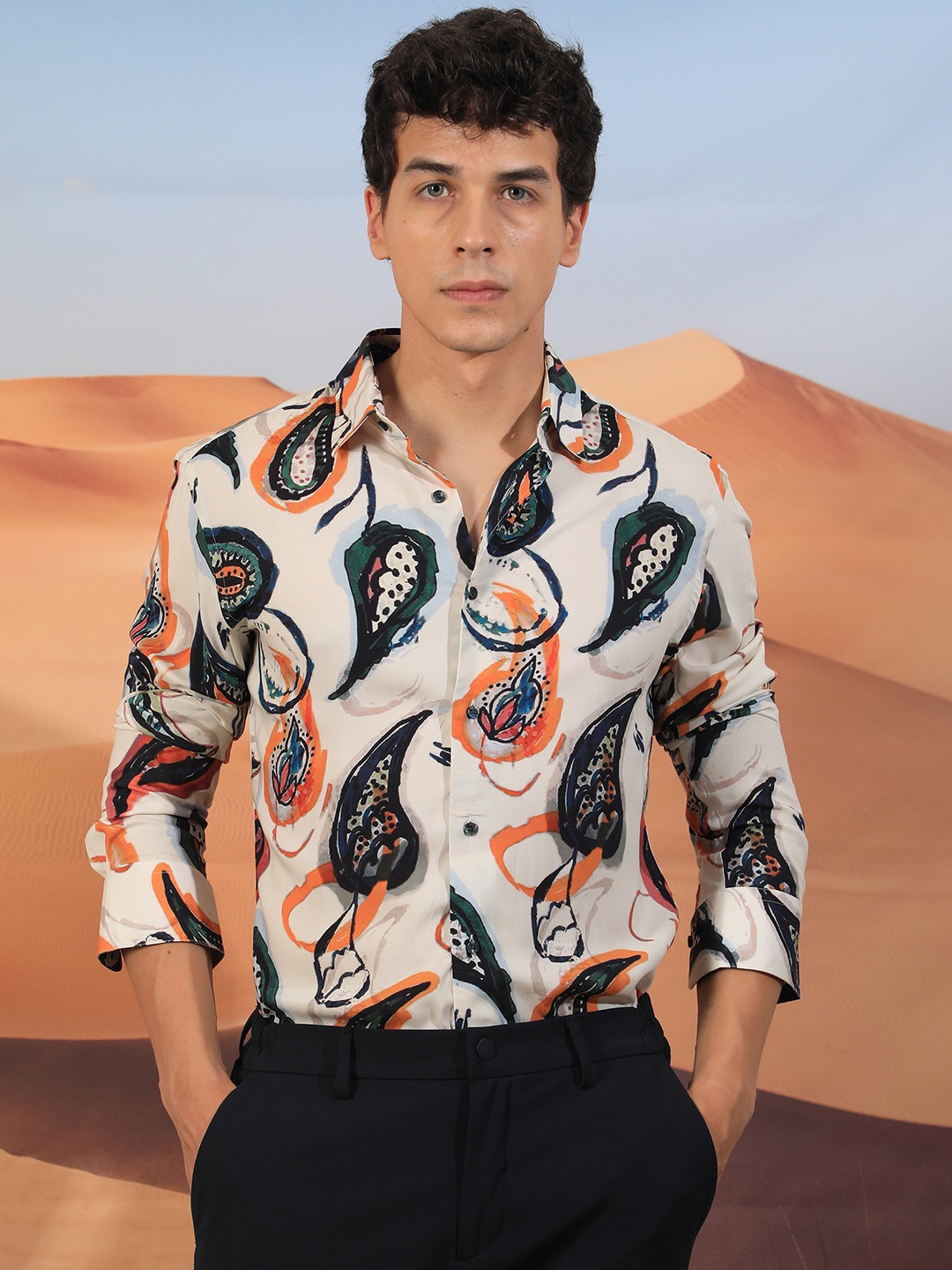 

RARE RABBIT Men Beige & Green Slim Fit Printed Casual Shirt