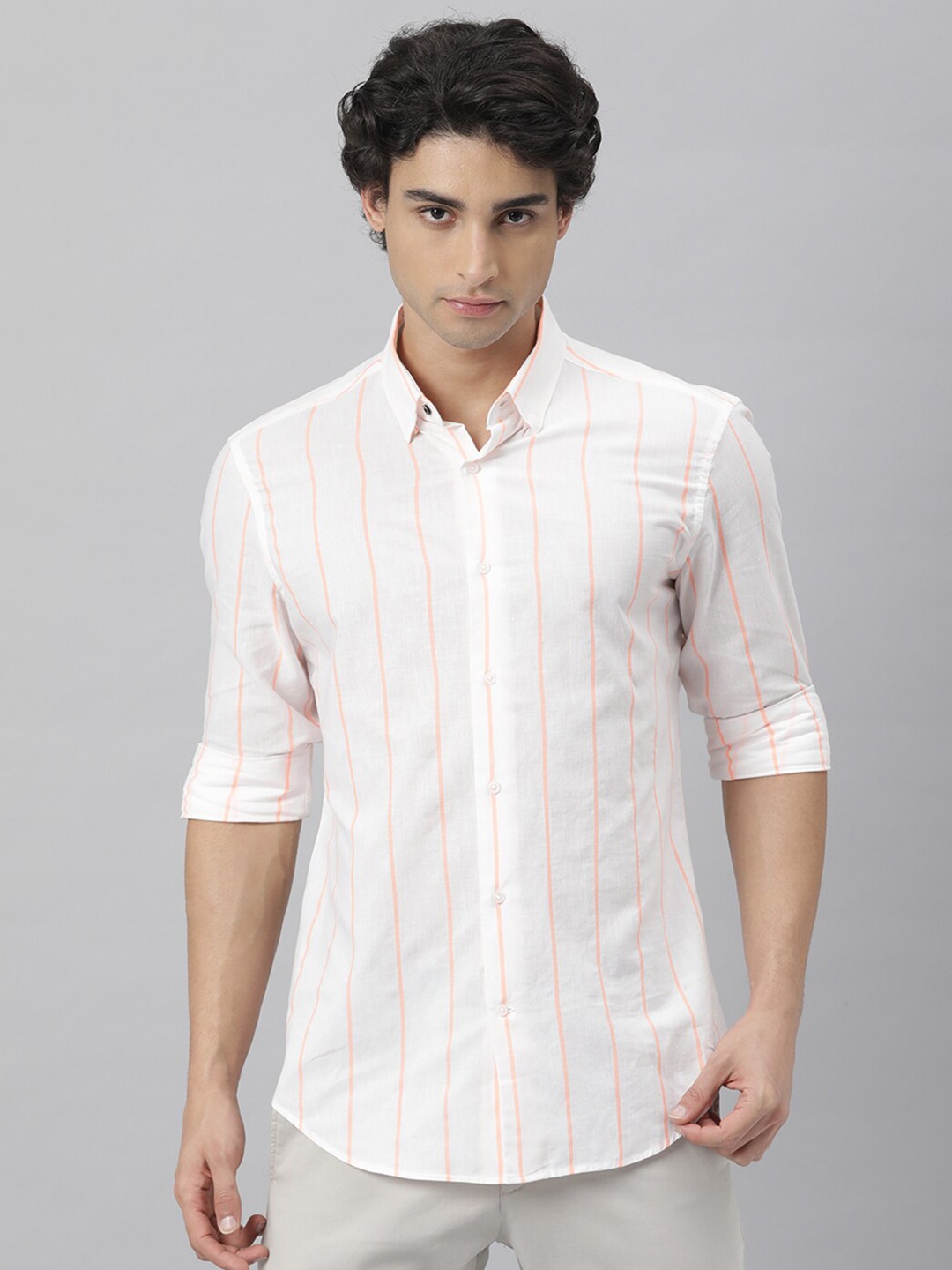 

RARE RABBIT Men Nody Slim Fit Striped Cotton Shirt, White