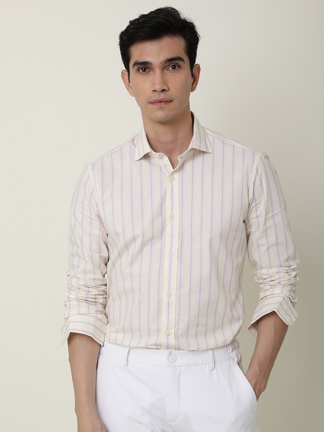 

RARE RABBIT Men Yellow & Purple Slim Fit Striped Cotton Casual Shirt
