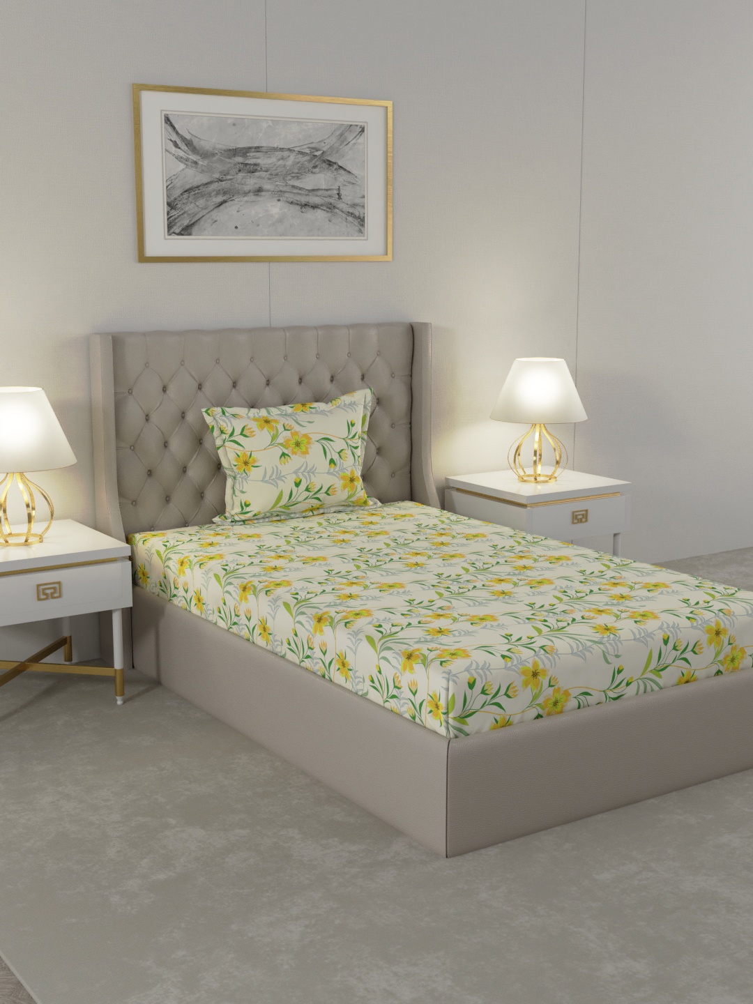 

Raymond Home White & Yellow Floral 104 TC Cotton Single Bedsheet with 1 Pillow Covers