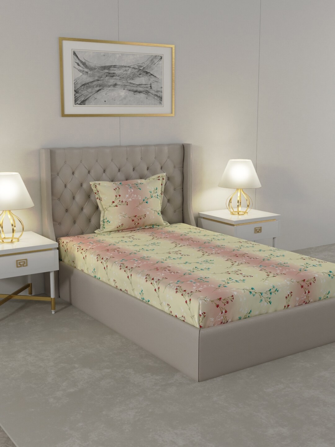 

Raymond Home Cream-Coloured & Pink Floral Cotton 104 TC Single Bedsheet & 1 Pillow Covers