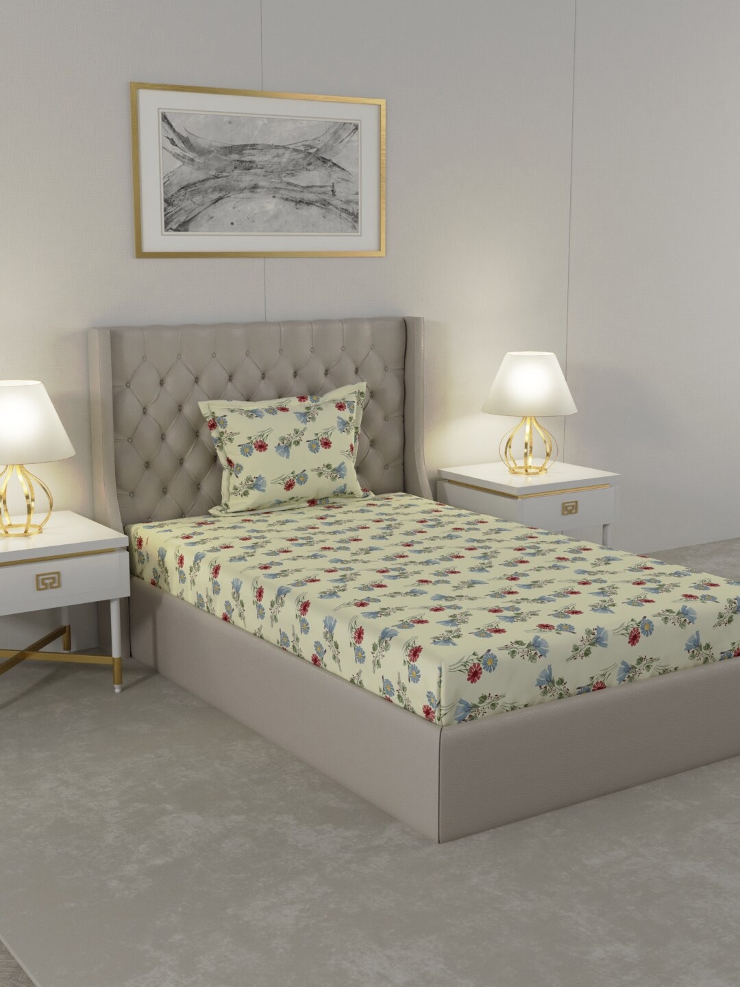 

Raymond Home Cream & Blue Floral 104 TC Cotton Single Bedsheet with 1 Pillow Covers