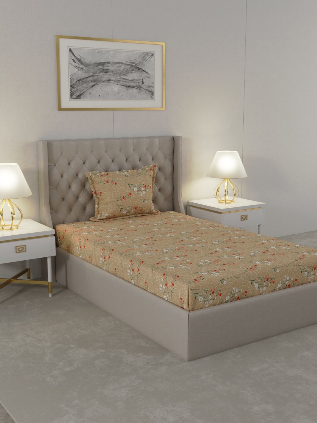 

Raymond Home Beige & Orange Floral 104 TC Single Bedsheet with 1 Pillow Covers