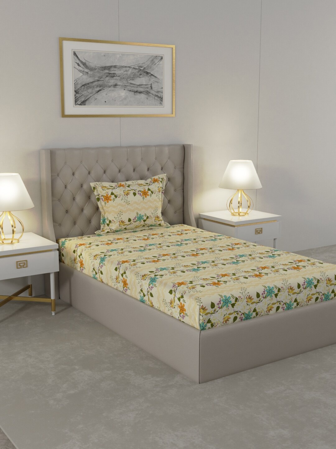 

Raymond Home Cream & Orange Cotton Floral 104 TC Single Bedsheet with 1 Pillow Covers