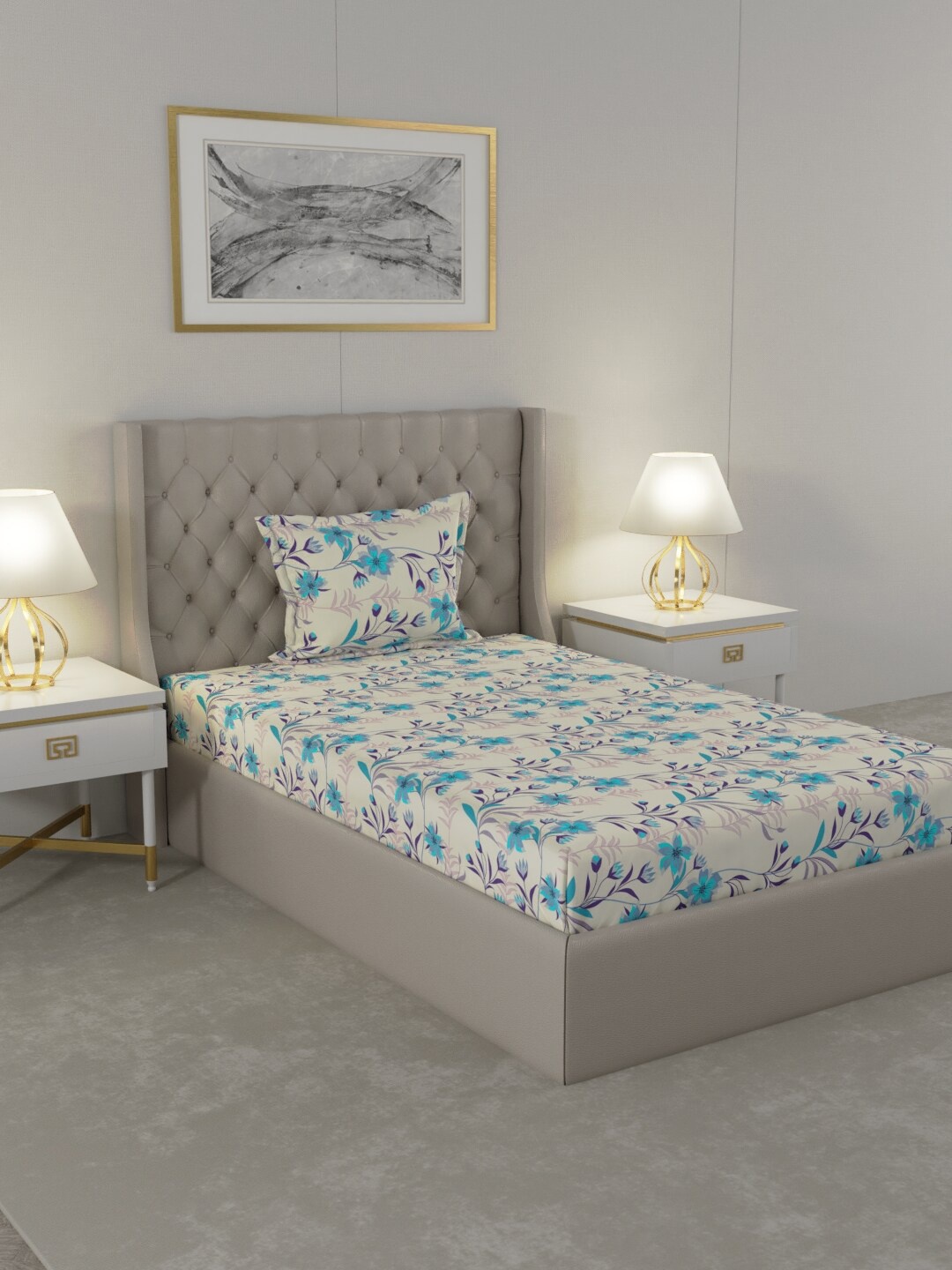 

Raymond Home Blue & White Floral Printed 104 TC Single Bedsheet with 1 Pillow Covers