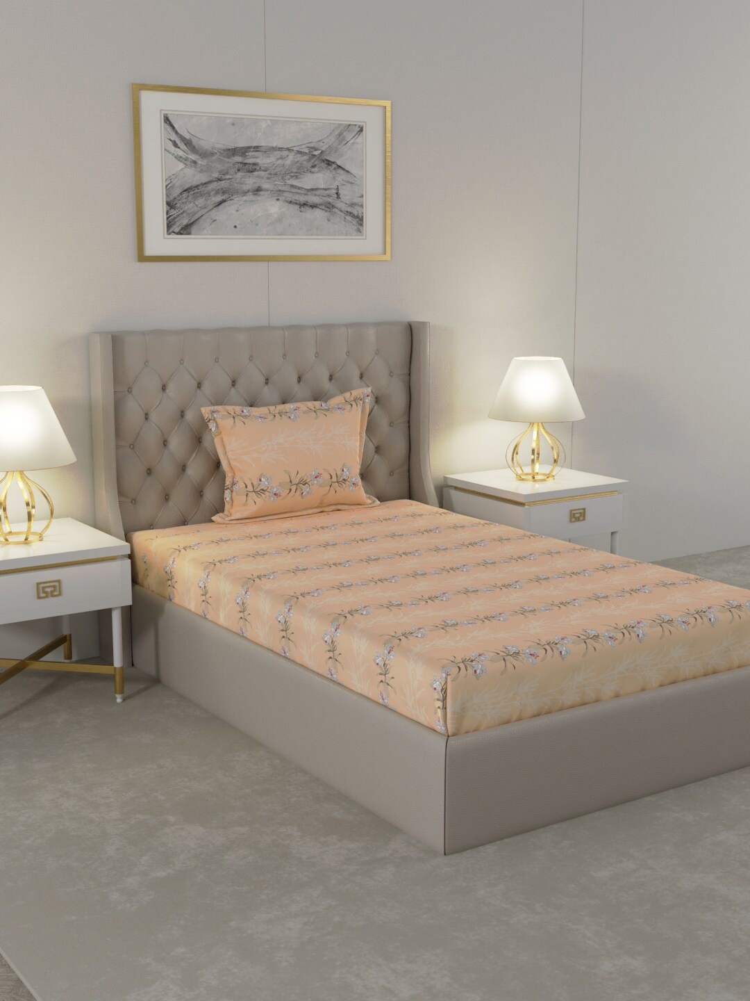 

Raymond Home Peach-Coloured & Grey Floral 104 TC Single Bedsheet with 1 Pillow Covers