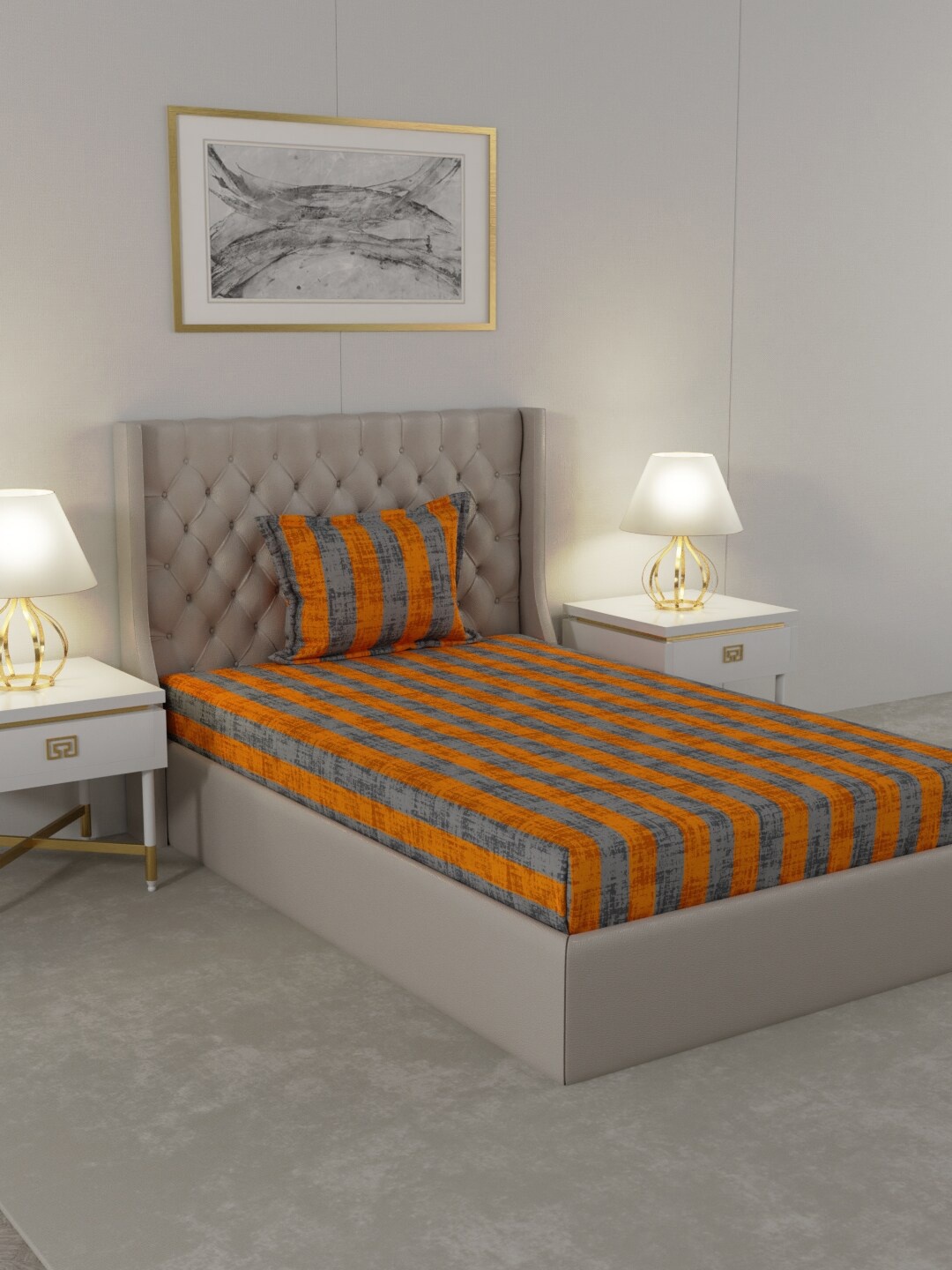 

Raymond Home Grey & Orange Geometric 104 TC Single Bedsheet with 1 Pillow Covers