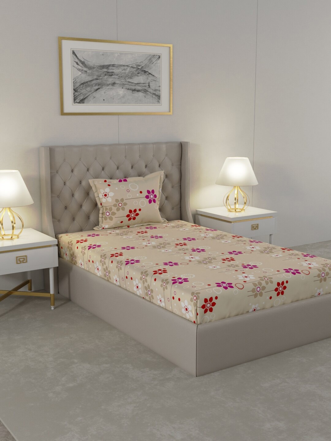 

Raymond Home Beige & Red Floral 104 TC Cotton Single Bedsheet with 1 Pillow Cover