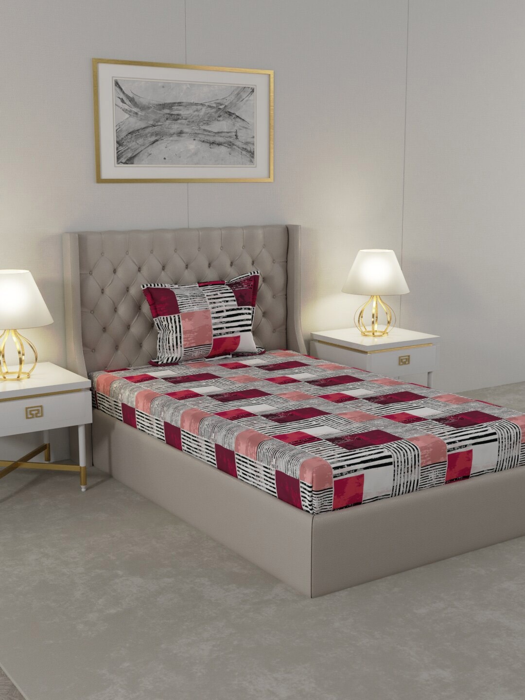 

Raymond Home White & Maroon Geometric 104 TC Single Bedsheet with 1 Pillow Covers