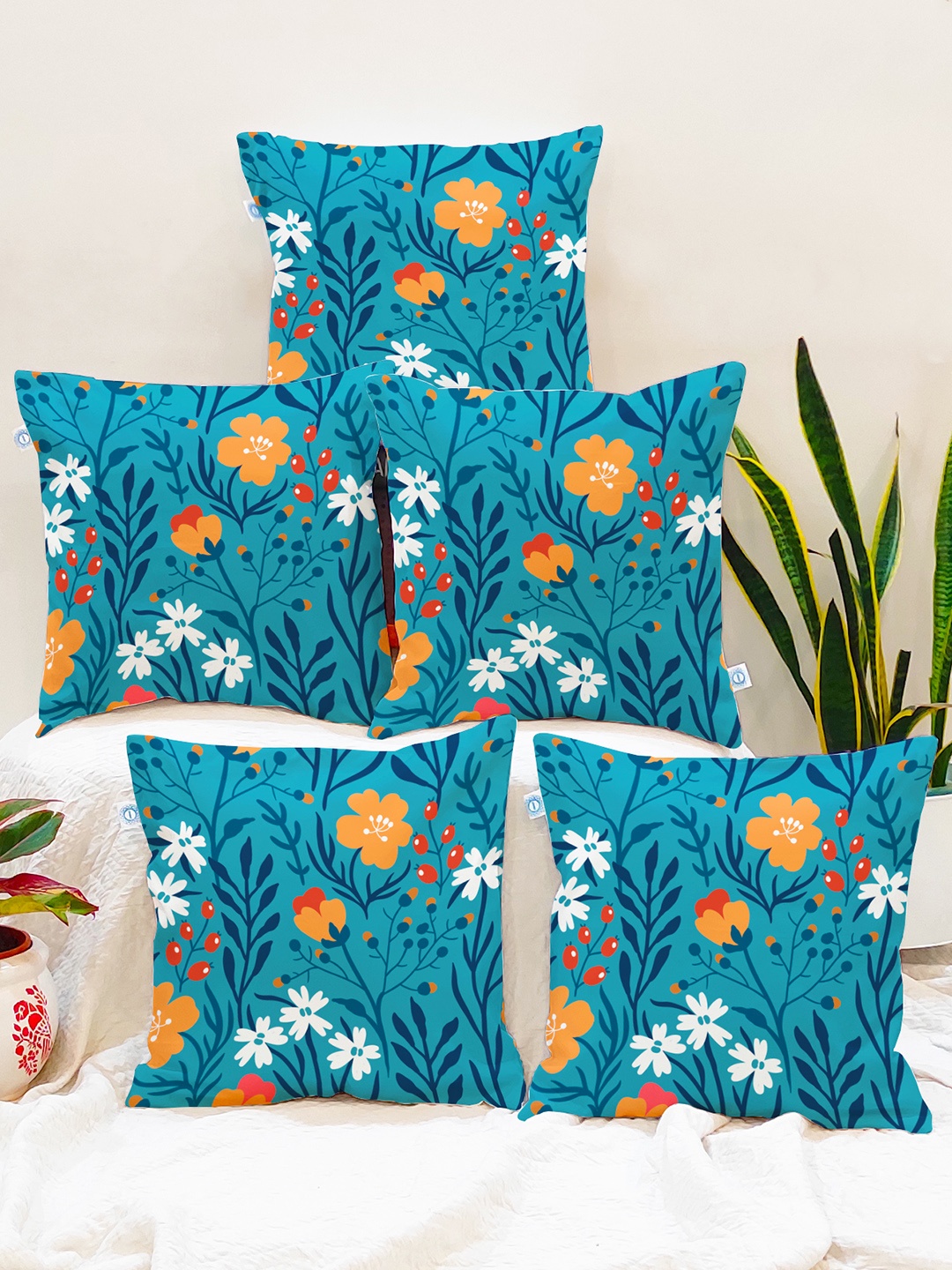 

STITCHNEST Set Of 5 Blue & White Floral Printed Cotton Square Cushion Covers