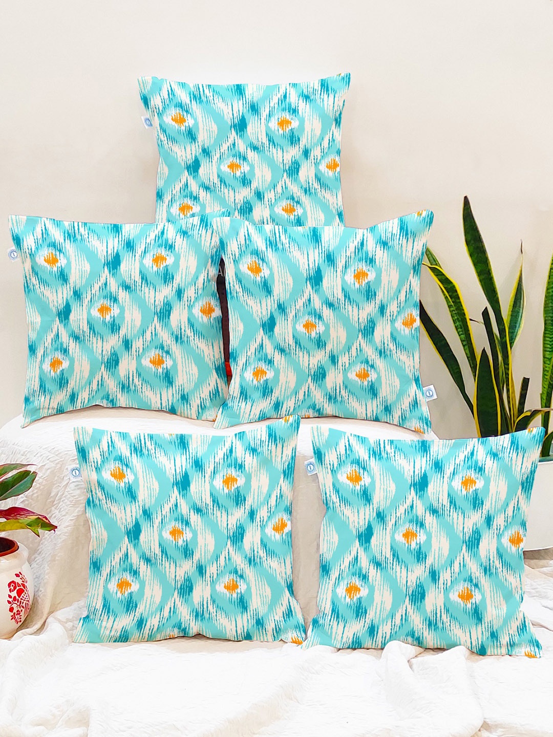 

STITCHNEST Green & White Set of 5 Ethnic Motifs Square Cushion Covers
