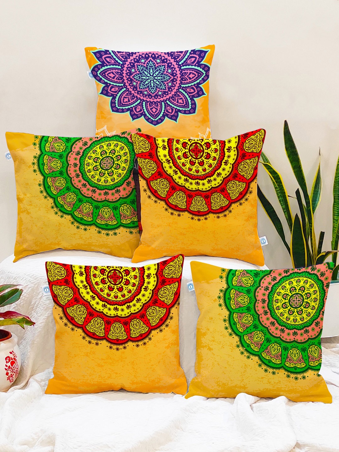 

STITCHNEST Yellow & Green Set of 5 Ethnic Motifs Square Cushion Covers