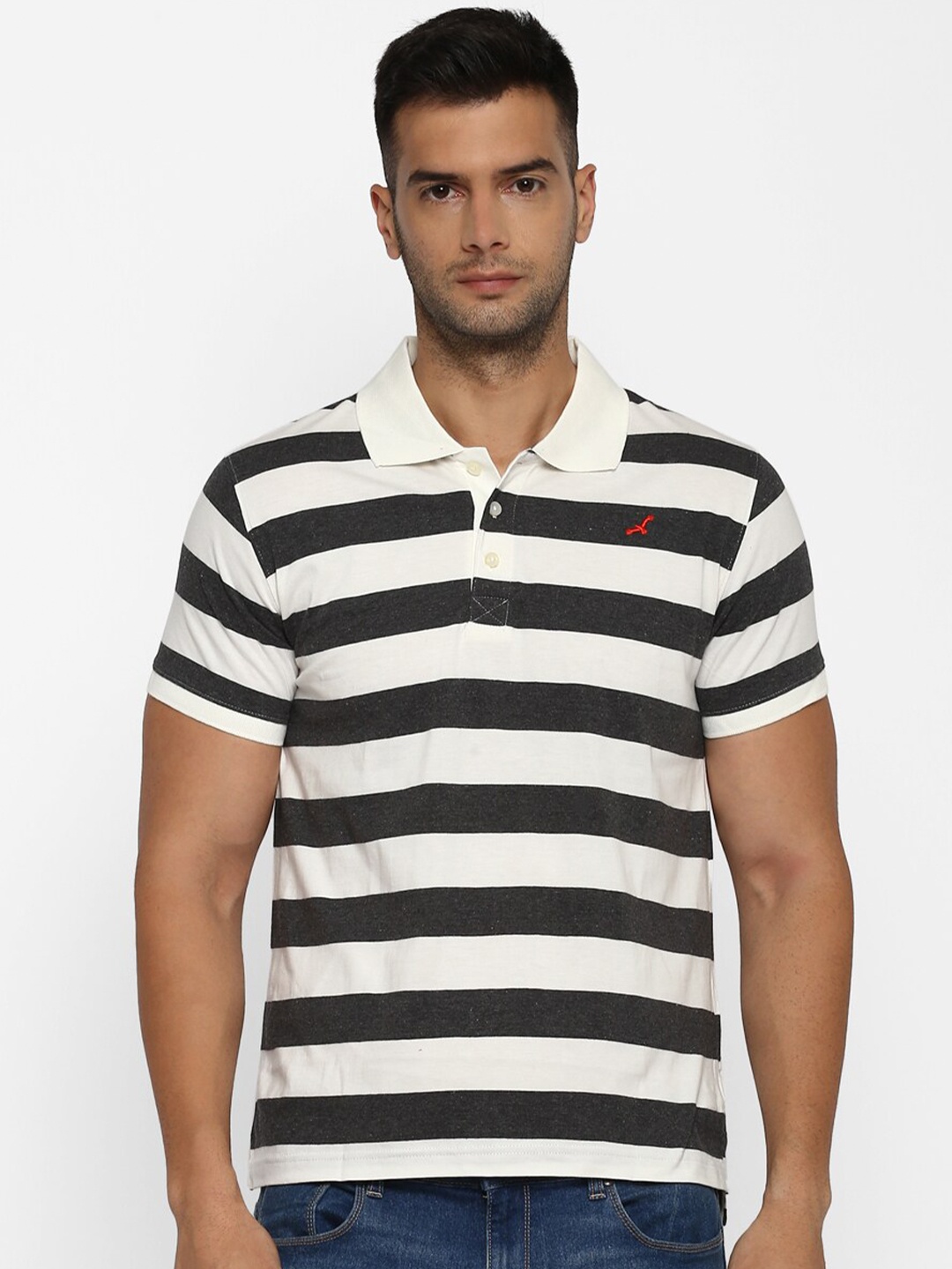 

American Crew Men Off White Striped Polo Collar Pockets T-shirt