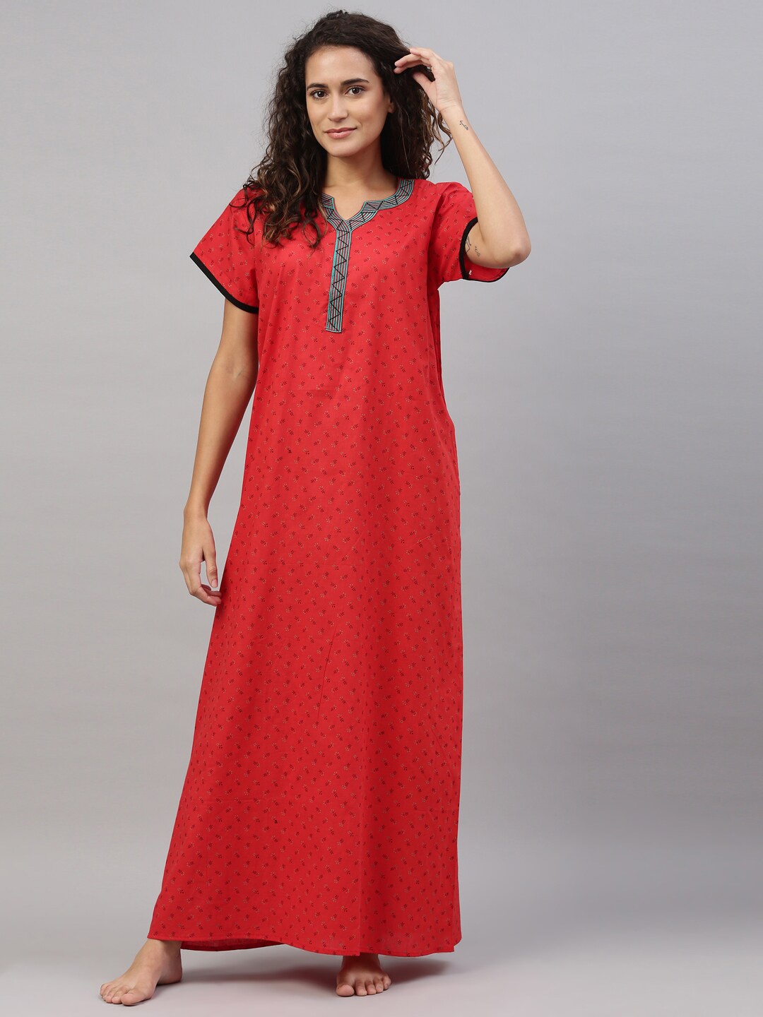 

TRUNDZ Red Printed Organic Cotton Maxi Nightdress