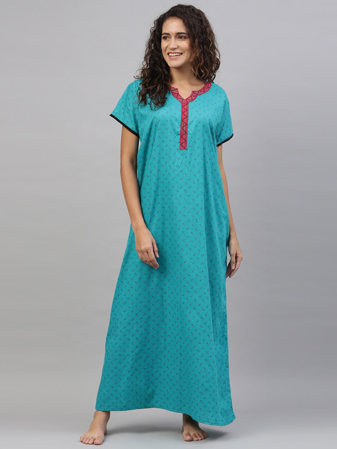 

TRUNDZ Women Blue Floral Printed Organic Cotton Maxi Nightdress