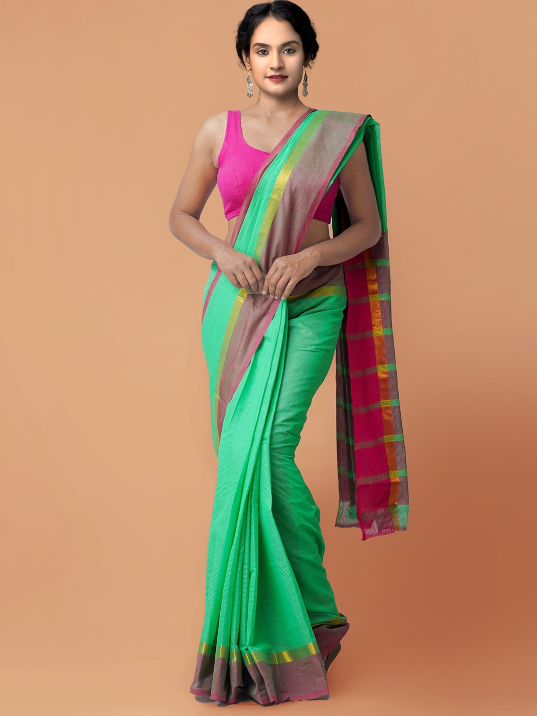 

Unnati Silks Green & Purple Zari Pure Cotton Mangalagiri Saree