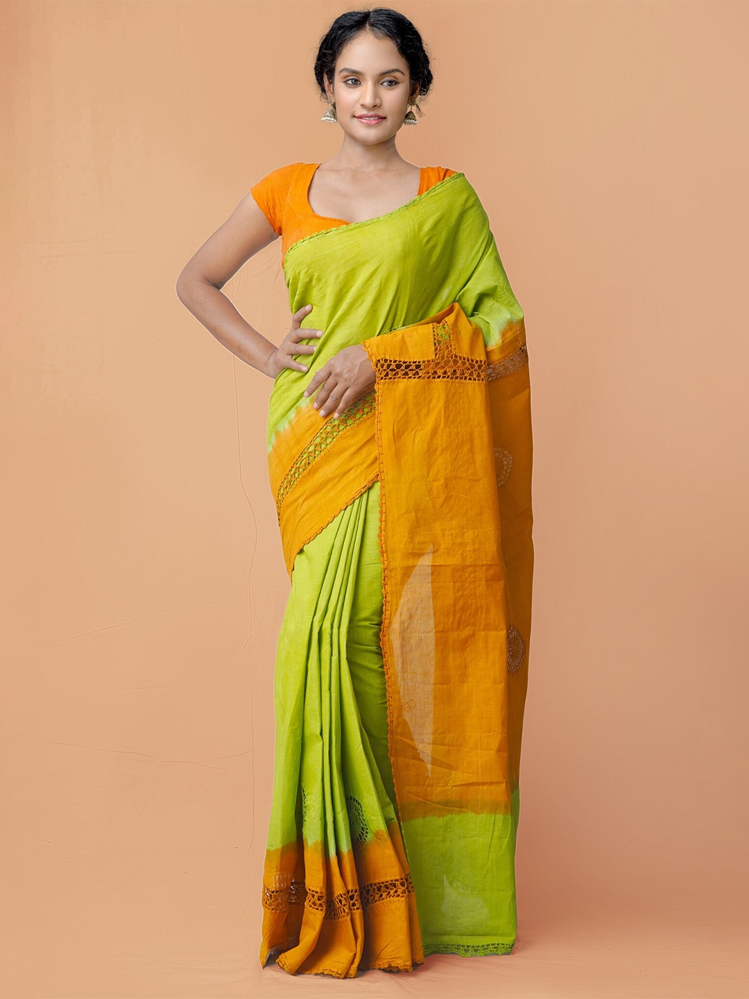 

Unnati Silks Green & Orange Floral Embroidered Pure Cotton Bhagalpuri Saree