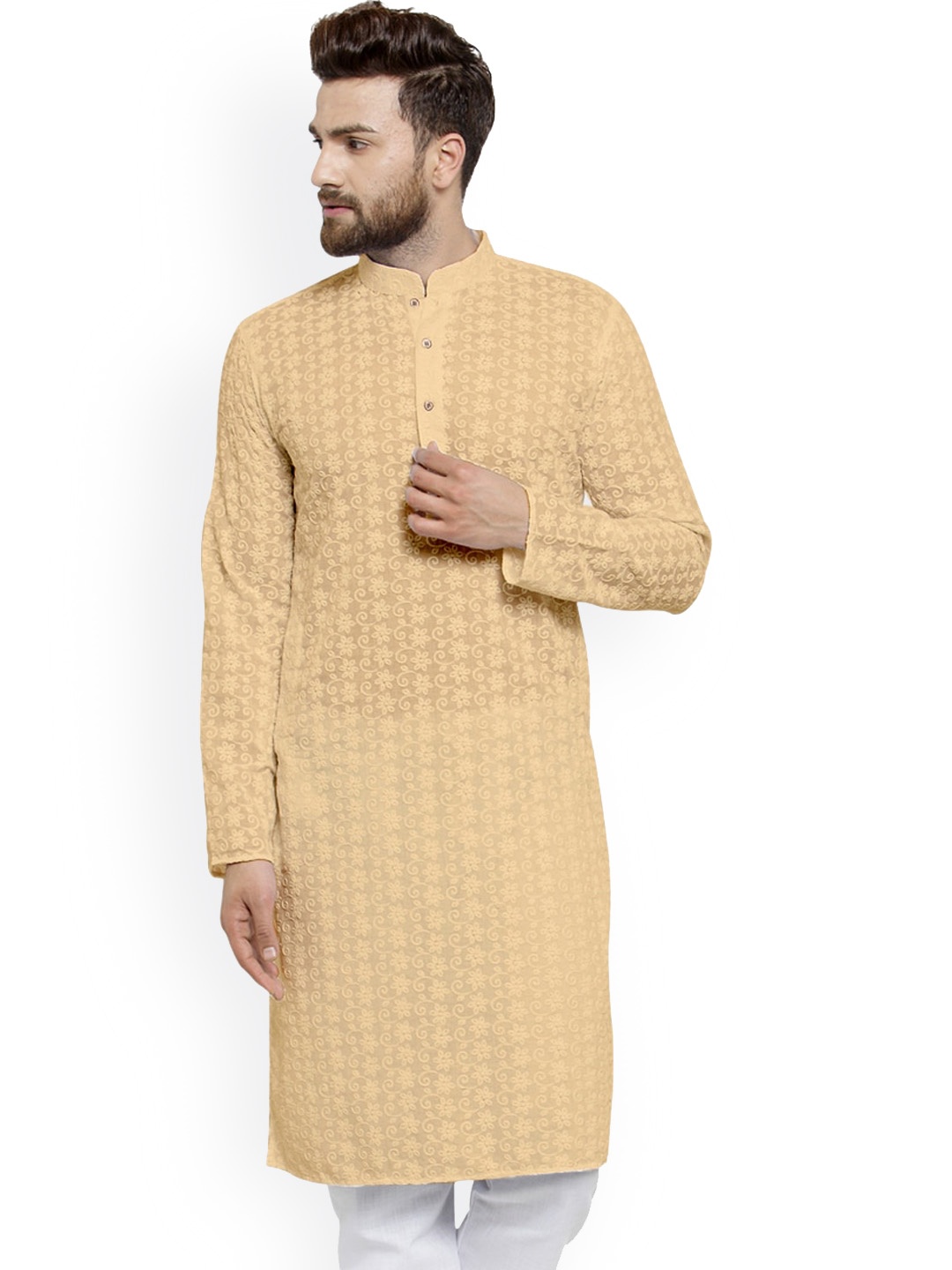 

TREEMODA Men Light Orange Floral Embroidered Mandarin Collar Chikankari Cotton Kurta