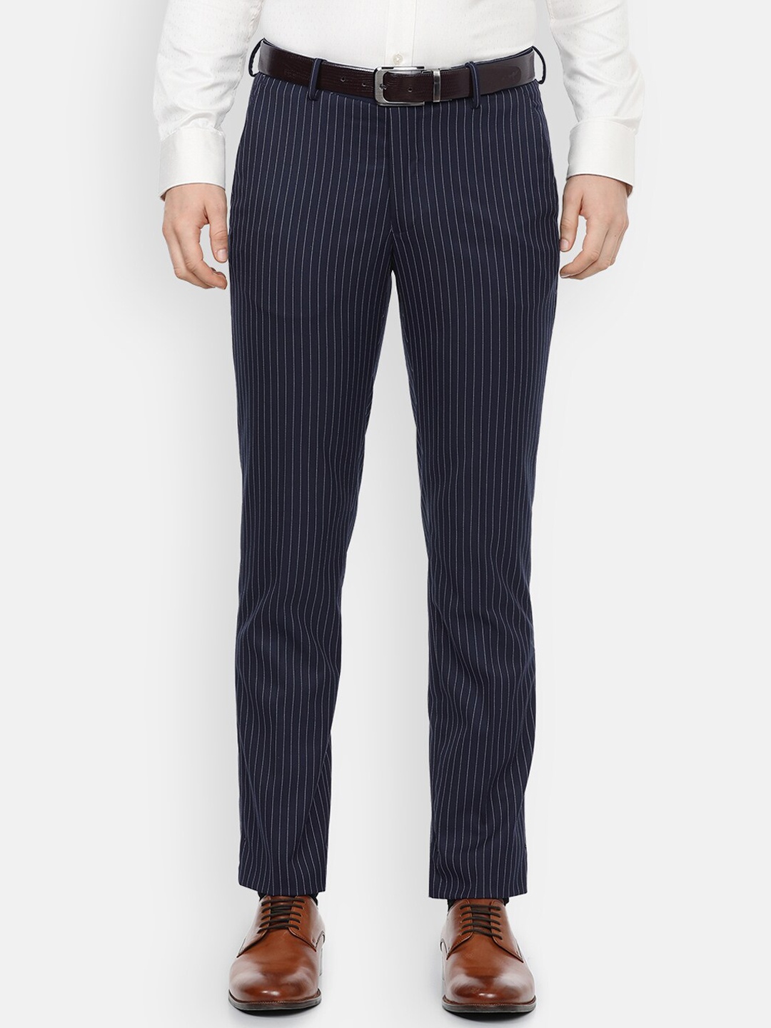 

Louis Philippe Men Navy Blue & White Striped Slim Fit Formal Trousers