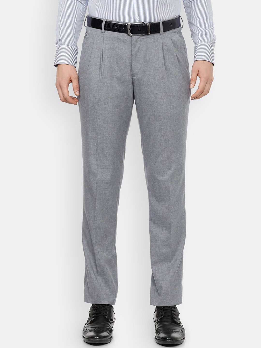

Louis Philippe Men Grey Textured Pleated Trousers