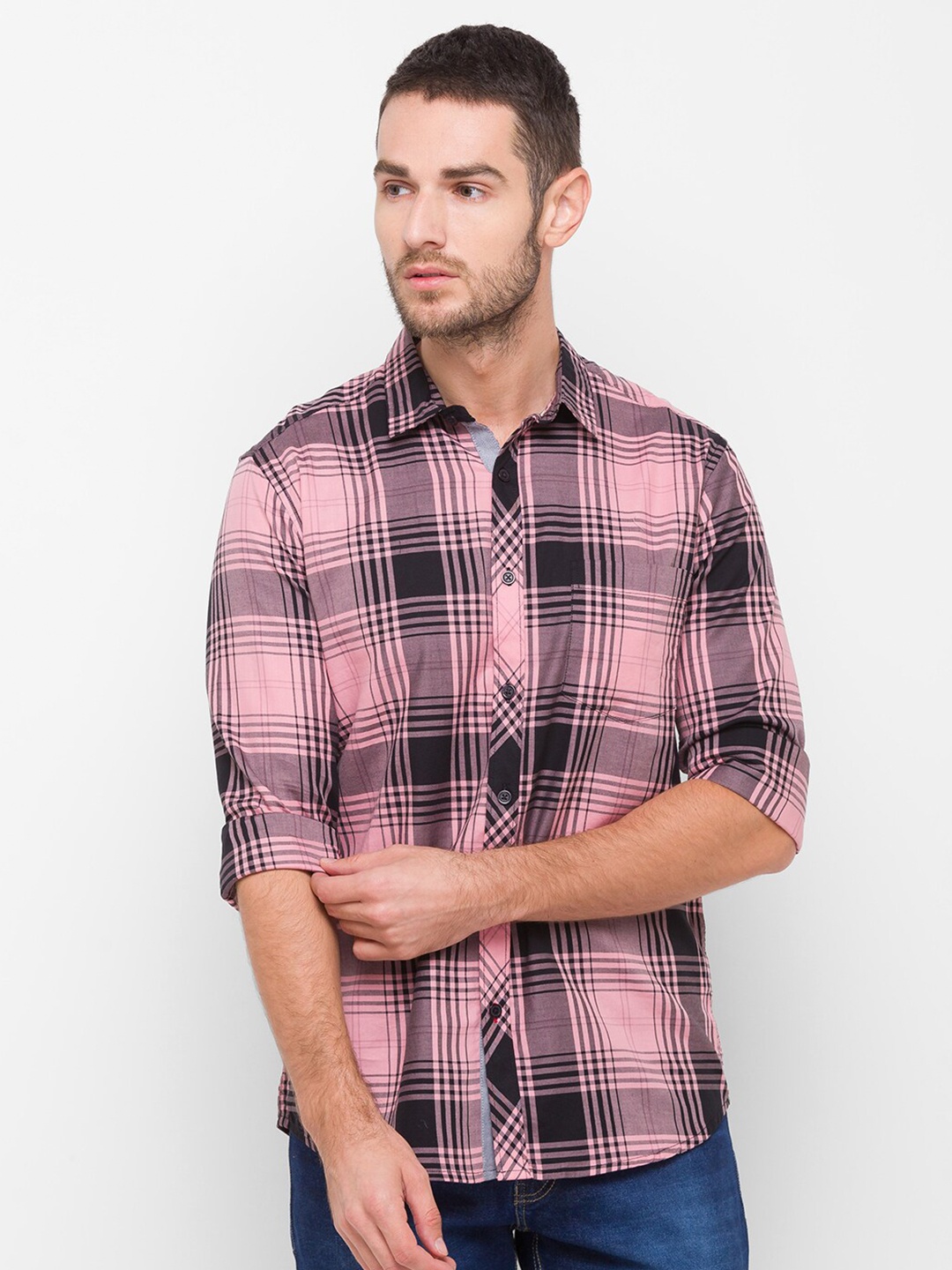 

Globus Men Pink & Black Checked Pure Cotton Casual Shirt