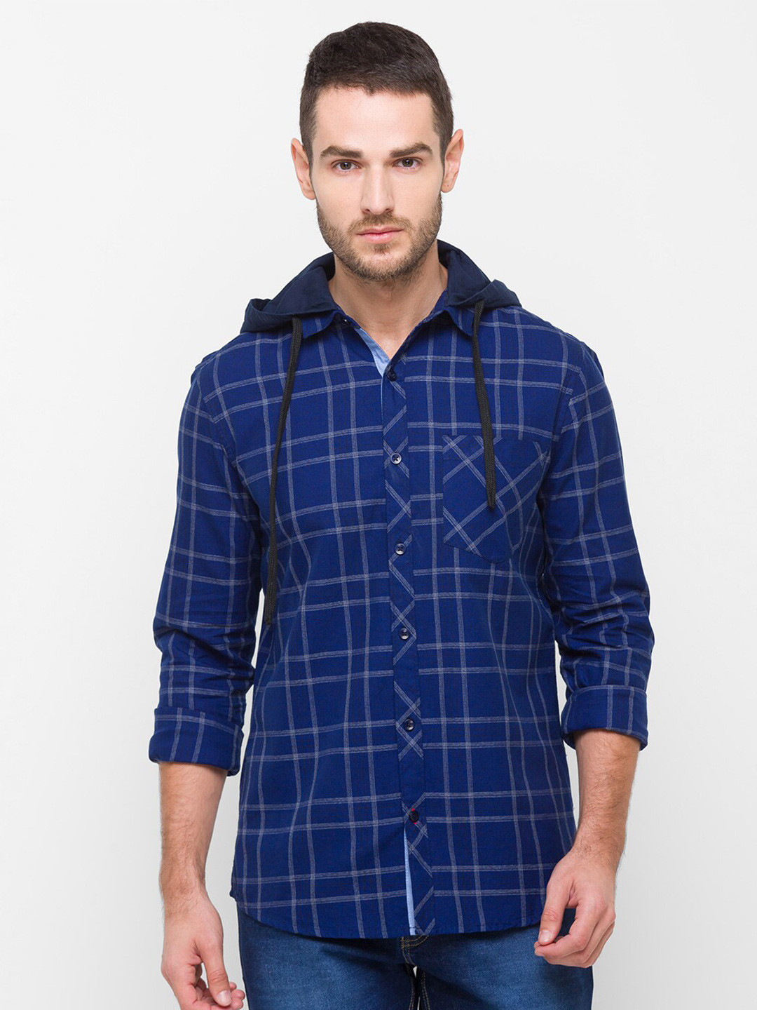 

Globus Men Navy Blue & White Checked Pure Cotton Casual Shirt