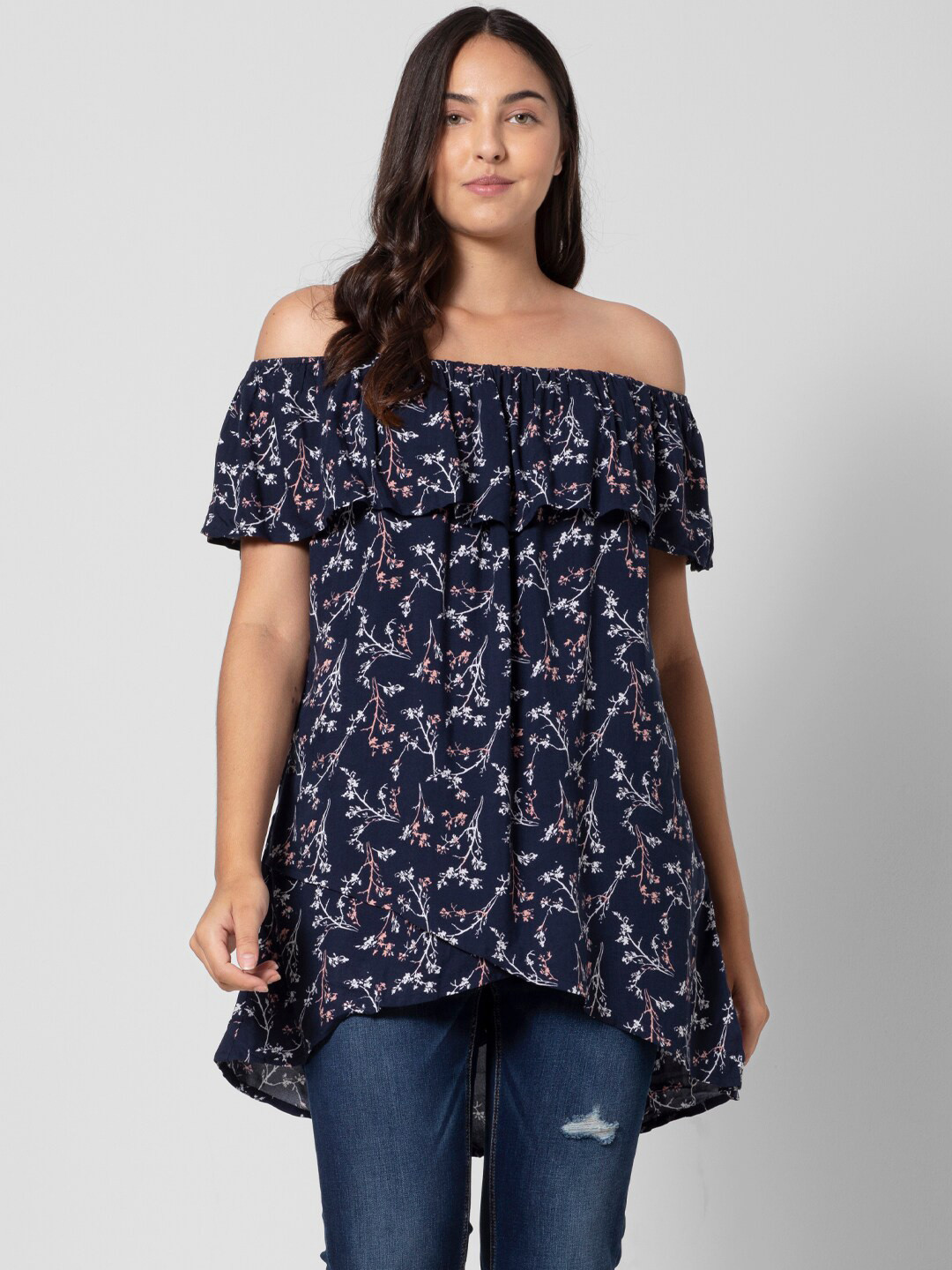 

Vero Moda Blue & White Floral Print Off-Shoulder Bardot Top