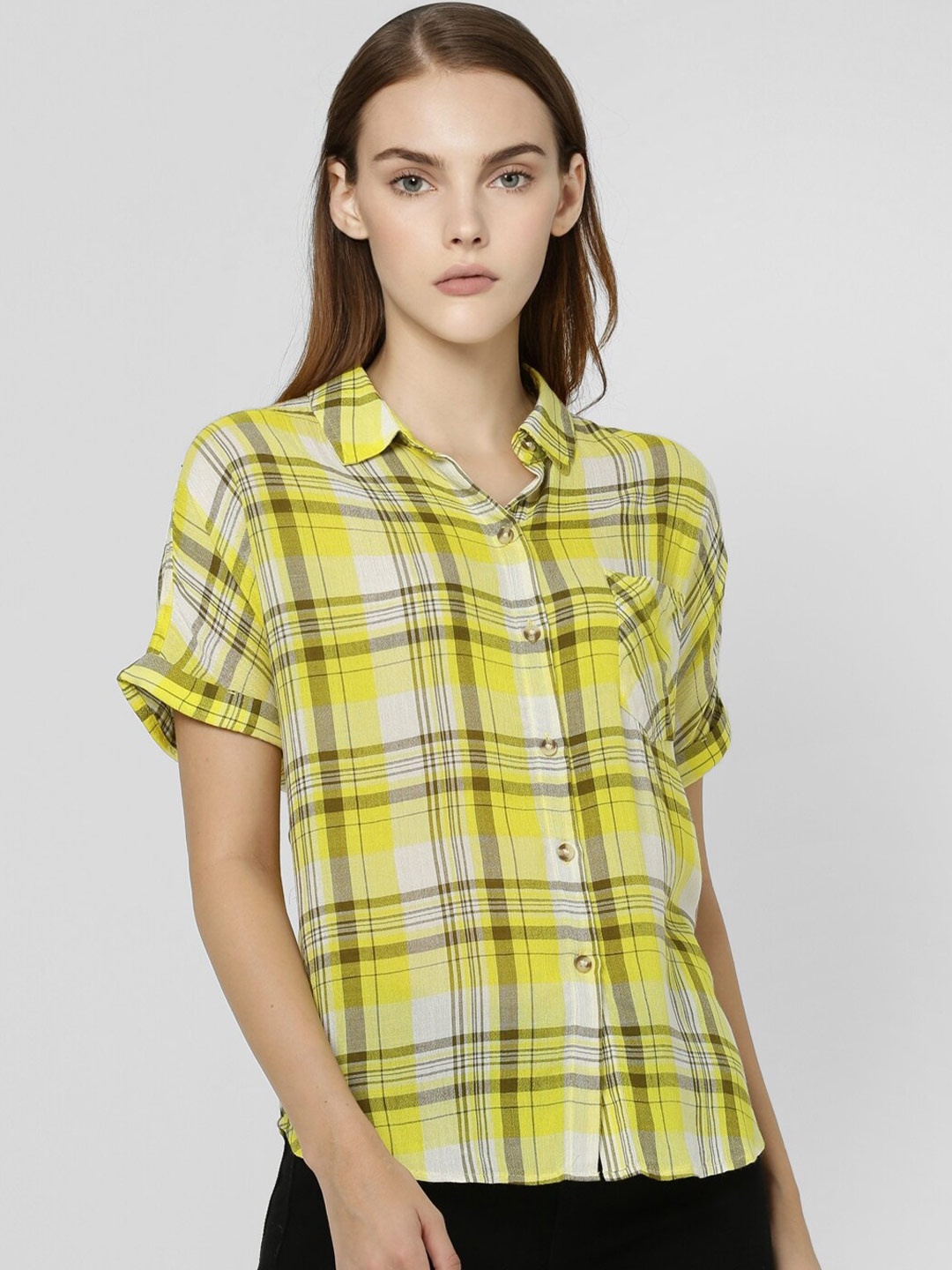 

Vero Moda Women Yellow Checked Casual Shirt
