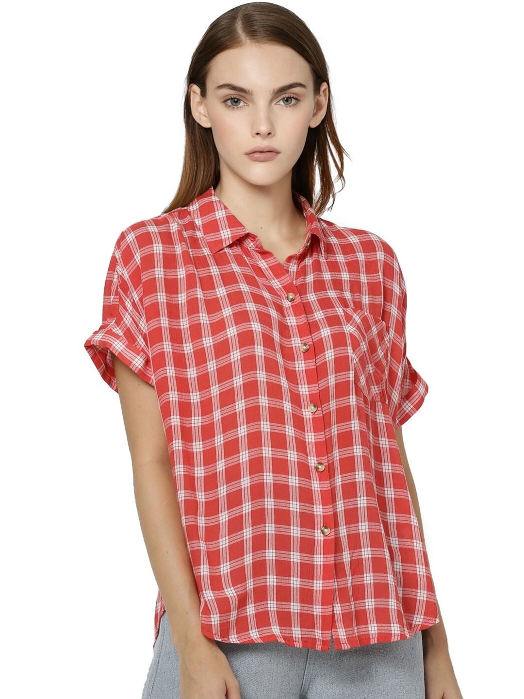

Vero Moda Women Red Checked Casual Shirt