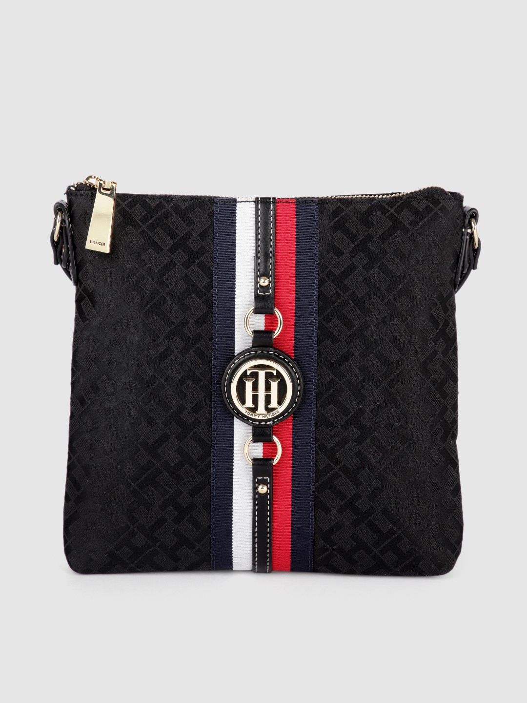 

Tommy Hilfiger Black Typography Printed Regular Structured Sling Bag with Applique Detail