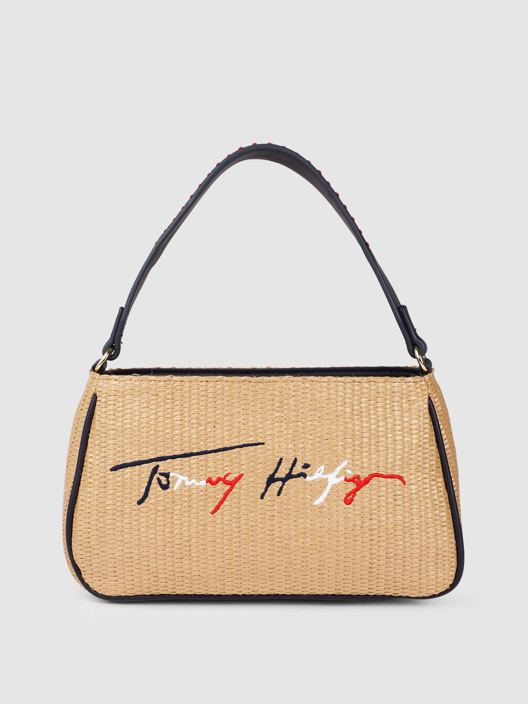 

Tommy Hilfiger Beige Woven Design Brand Logo Embroidered Structured Handheld Bag