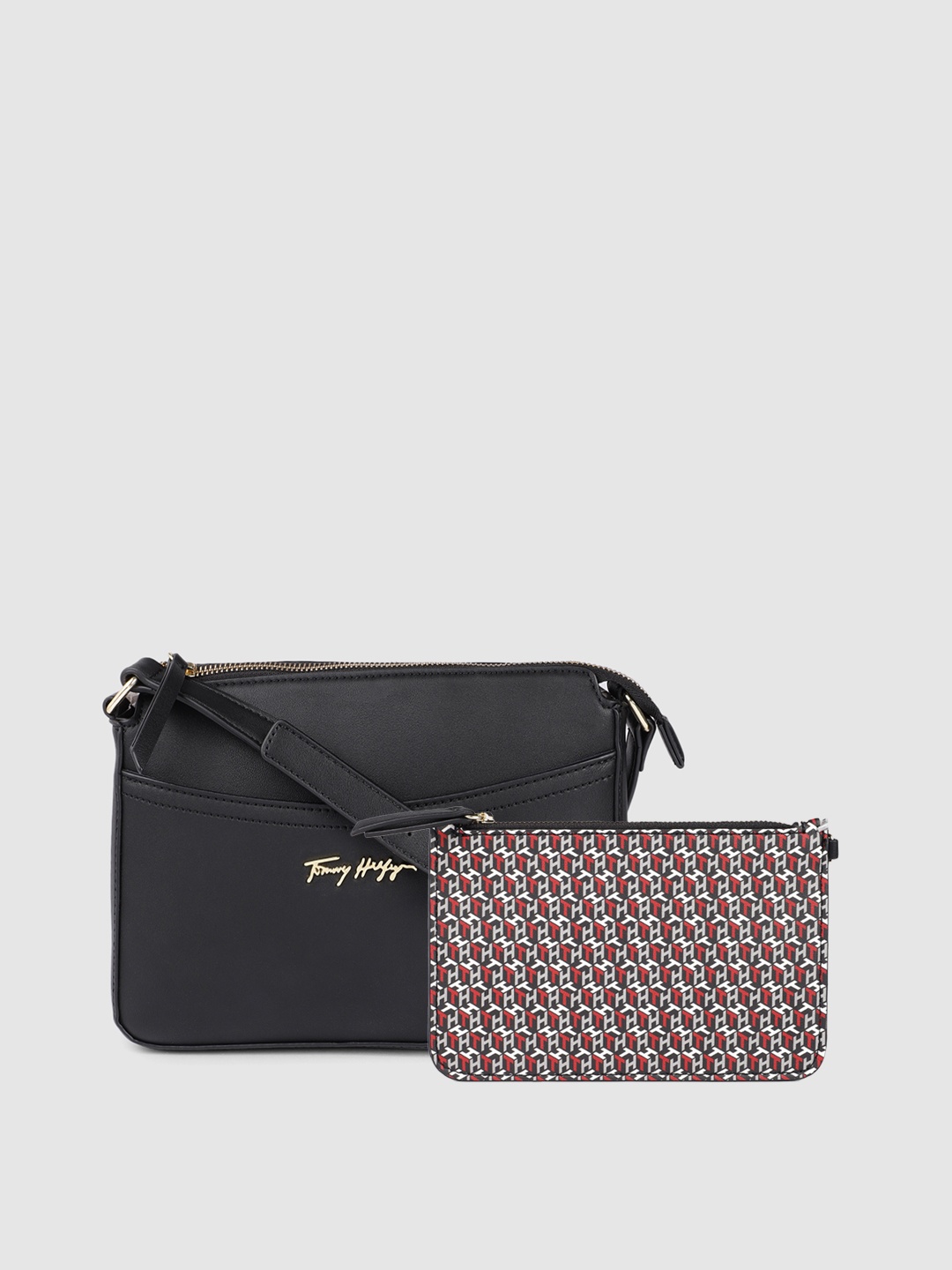 

Tommy Hilfiger Black Solid Regular Structured Sling Bag with Printed Pouch