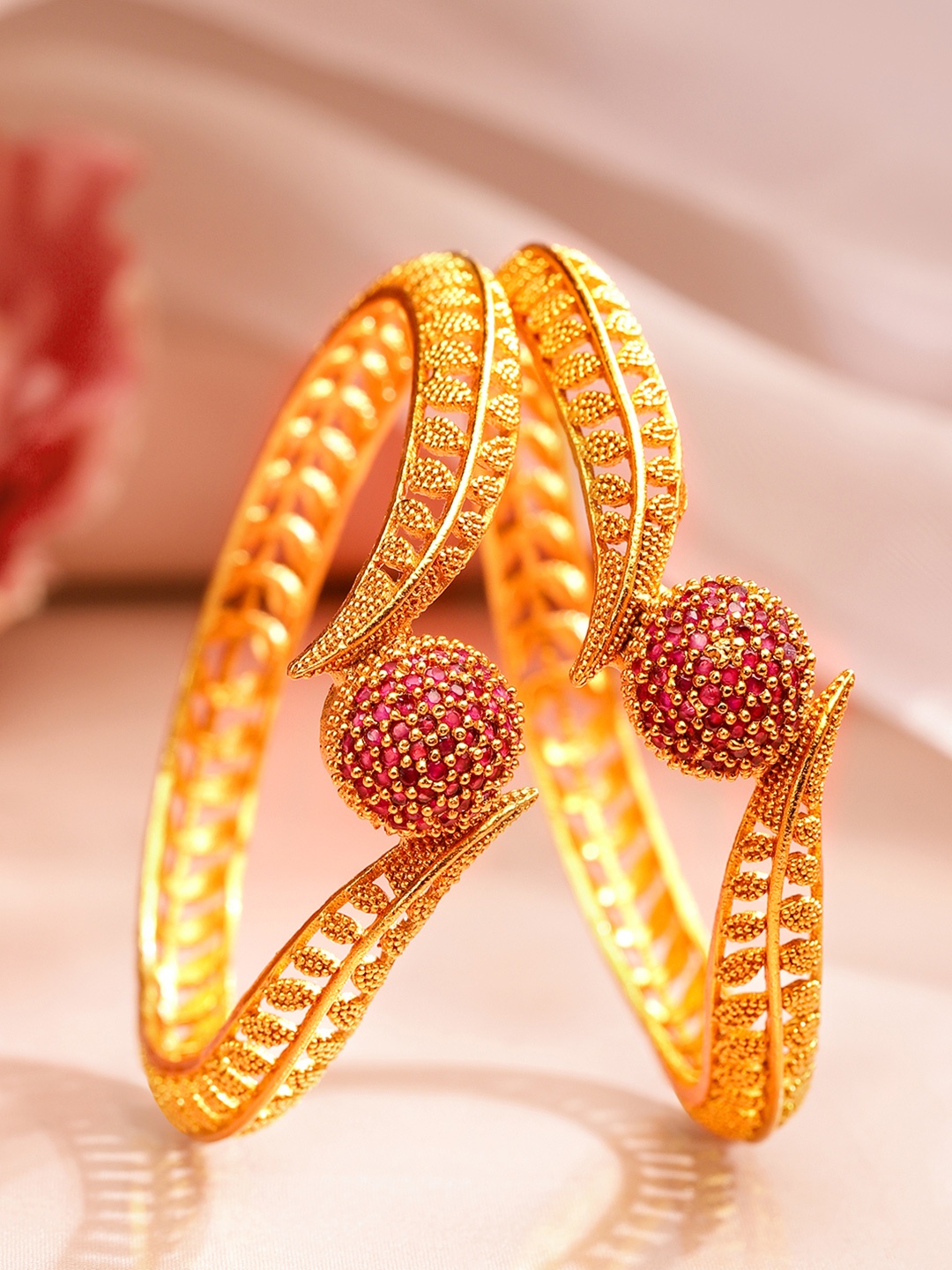 

Rubans Set of 2 18K Gold Plated Ruby Red Studded Geru Polish Traditional Bangles