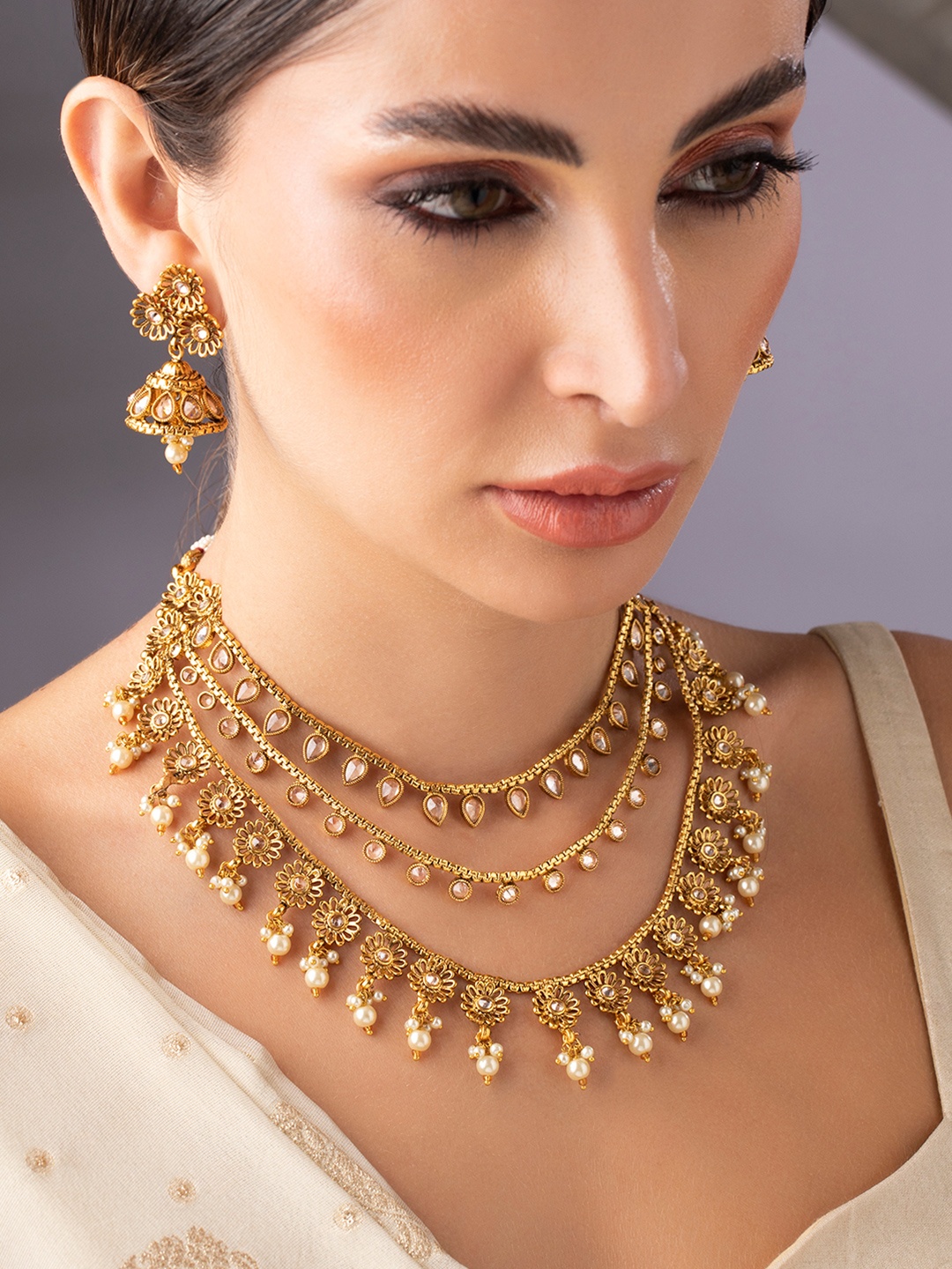 

Rubans Gold-Plated White CZ-Studded & Pearl Beaded Jewellery Set