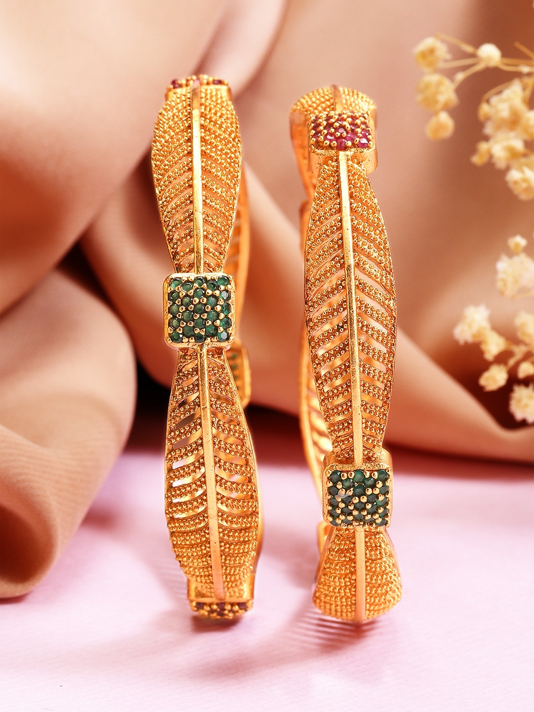 

Rubans Set of 2 Gold-Plated Green & Red Studded Bangles