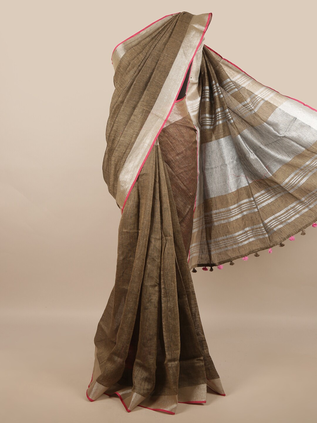 

Pothys Brown & Silver-Coloured Zari Linen Blend Saree