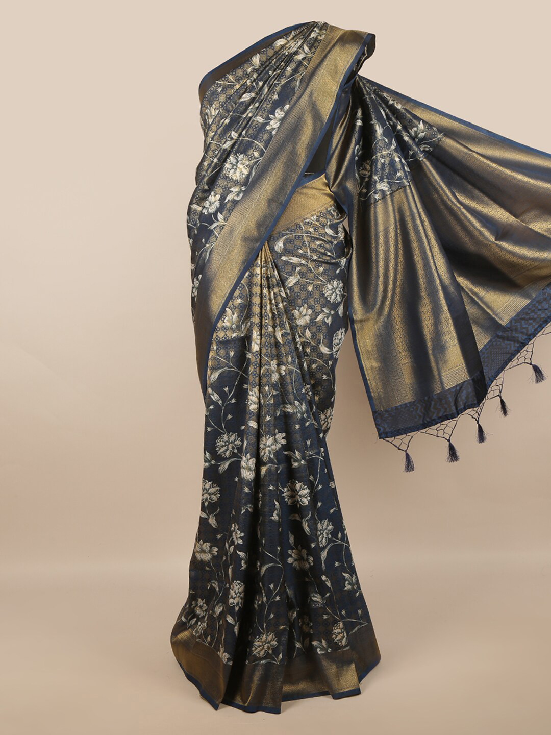 

Pothys Navy Blue & White Floral Zari Art Silk Saree
