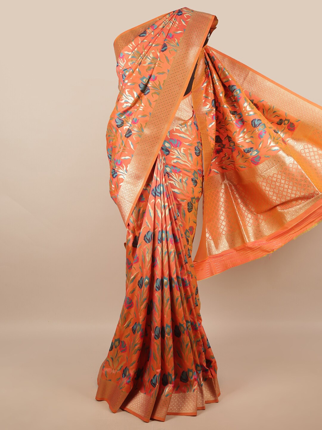 

Pothys Orange & Blue Floral Zari Art Silk Banarasi Saree