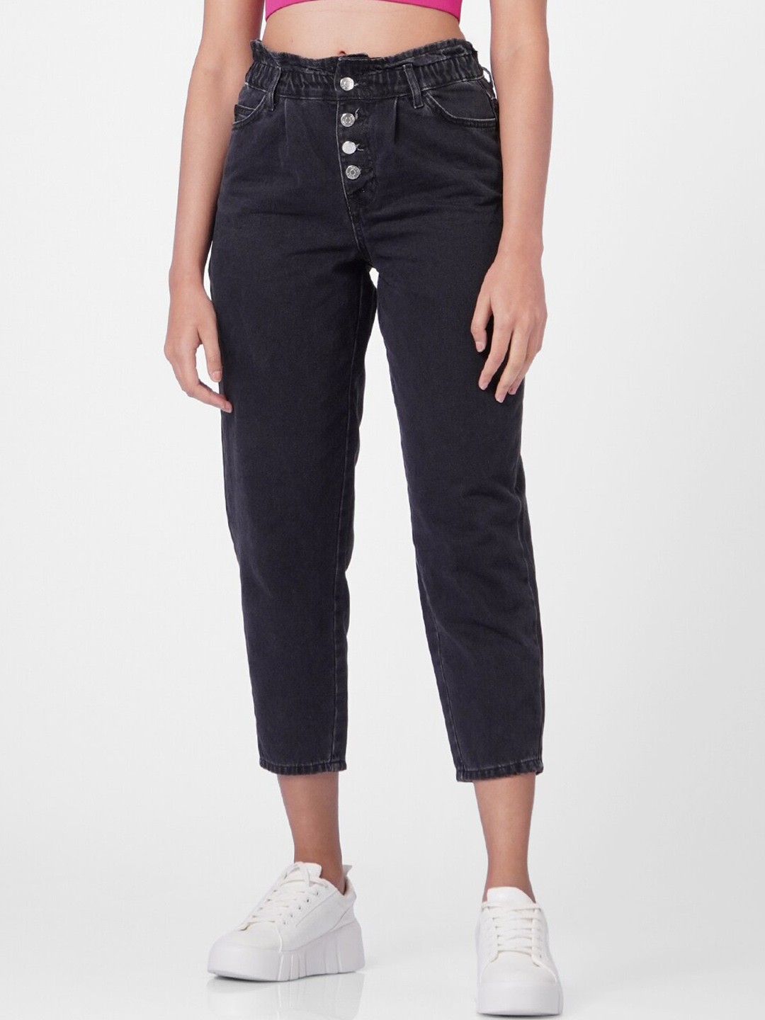 

ONLY Women Black Paperbag Waist High-Rise Three-Fourth Jeans