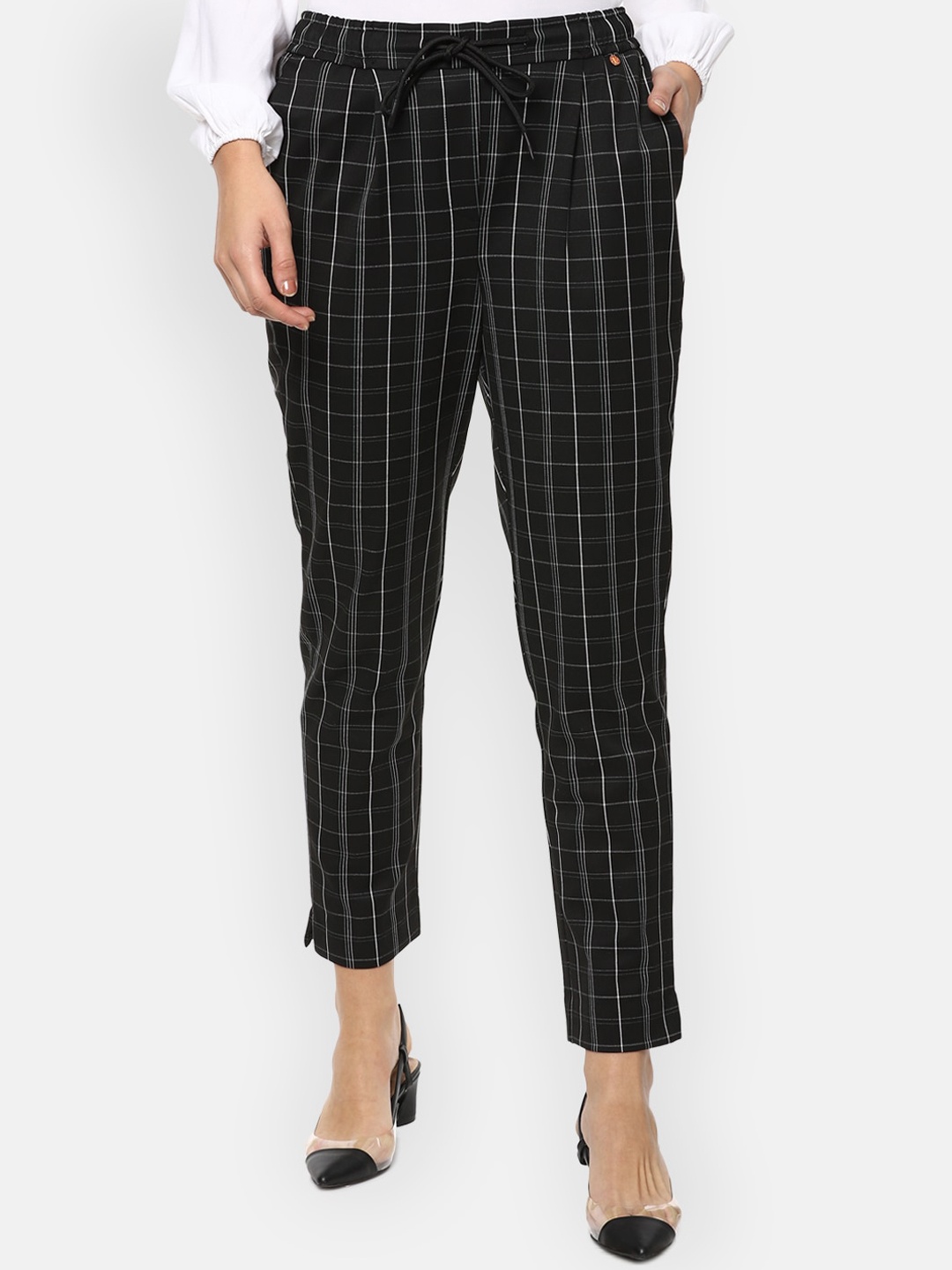 

Van Heusen Woman Black Checked Mid-Rise Pleated Trousers